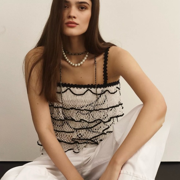 Anthropologie Tops - Anthropologie White and Black Crochet Ruffle Camisole